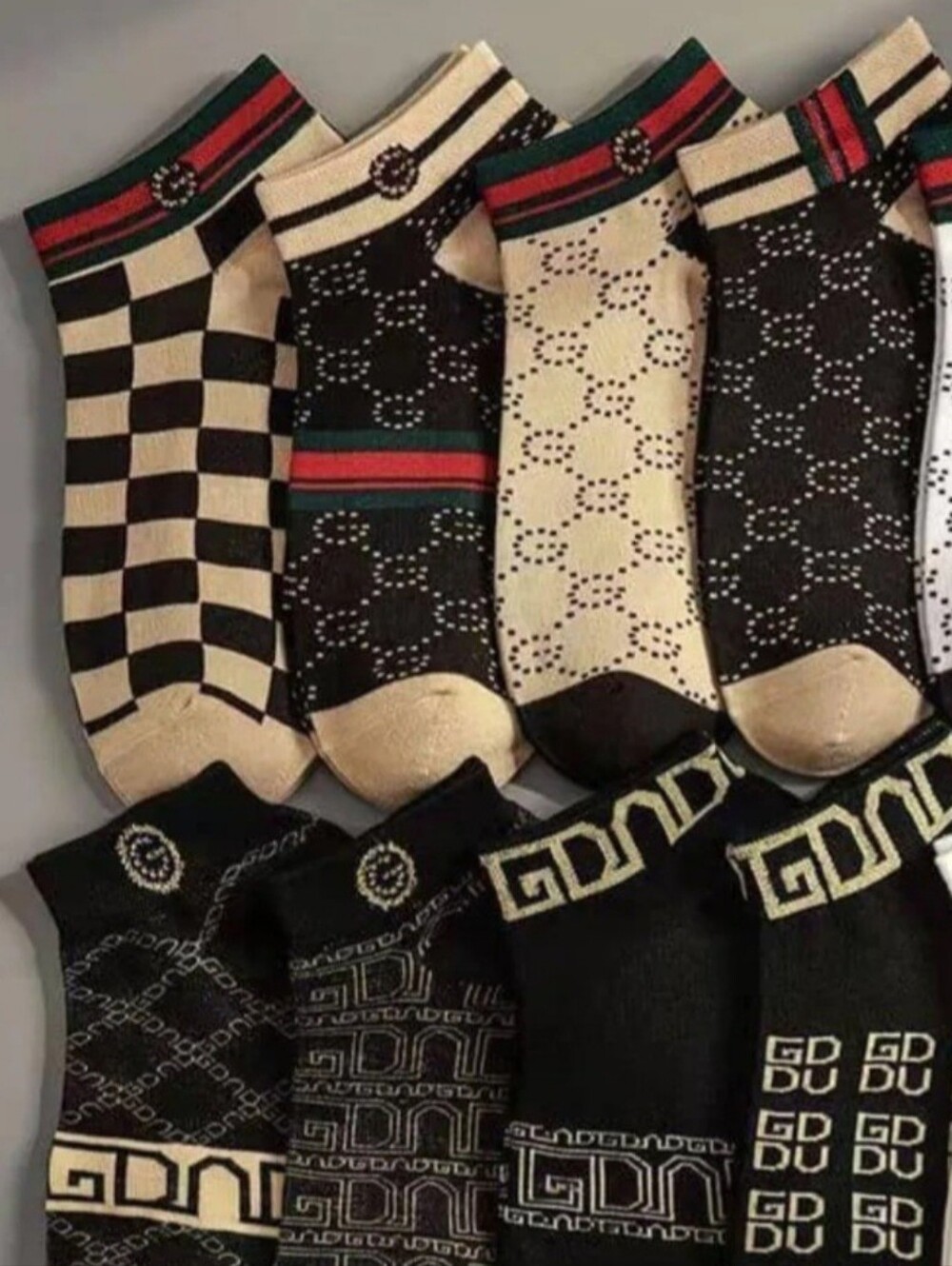 2 Pair Designer-Inspired Beige and Black Patterned Ankle Socks - Women - Picture 5 of 9